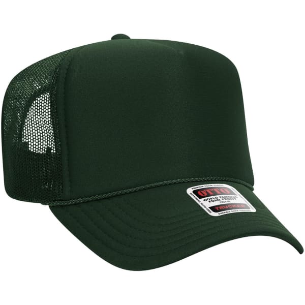 A dark green 5 Panel High Crown Trucker Cap featuring a mesh back and a branded label on the front.