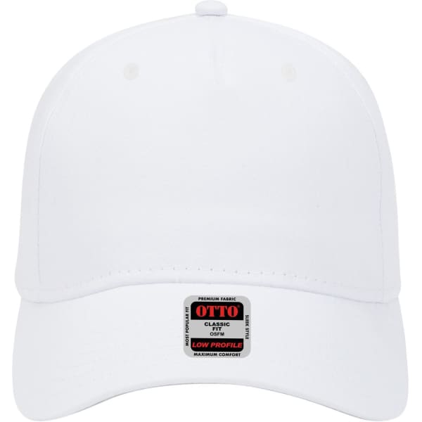 A white 5-panel low profile baseball cap with a logo on the front.