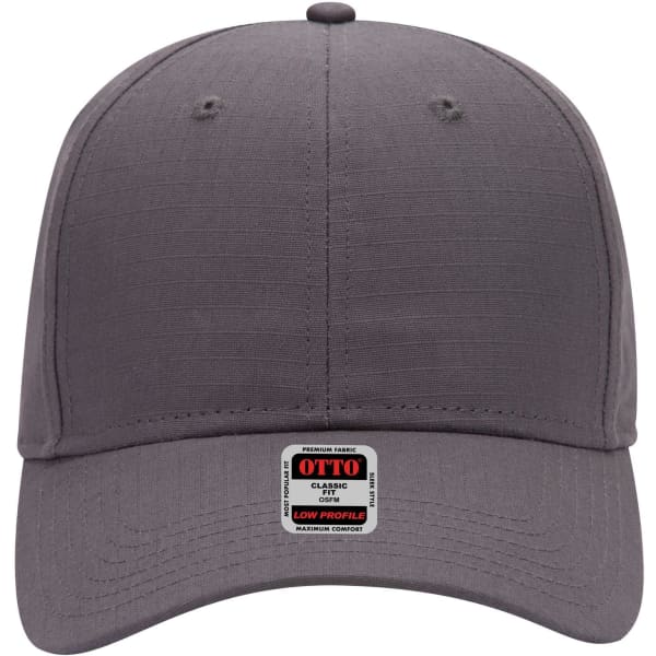A grey 6 panel low profile baseball cap featuring a logo on the front.