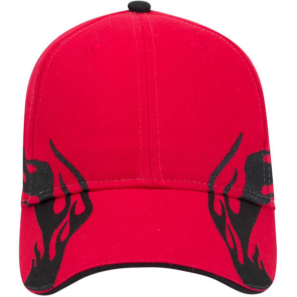 A red low profile baseball cap featuring black flame designs on the sides and a logo on the front.