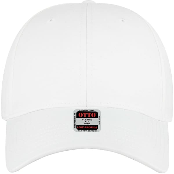 A white six-panel low profile baseball cap with a logo on the front.