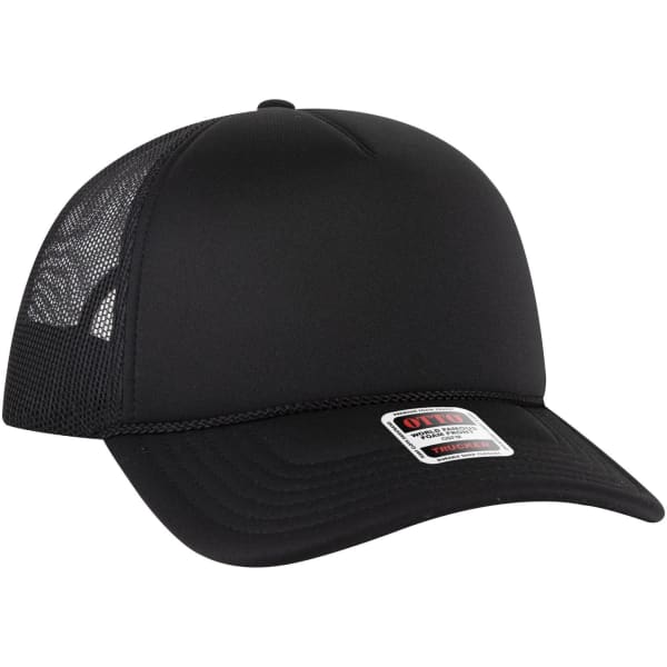 A black 5 Panel Low Profile Trucker Cap with a mesh back and a logo on the front.