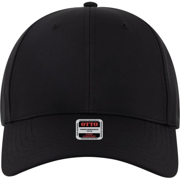 A black six-panel low profile baseball cap featuring a logo on the front.