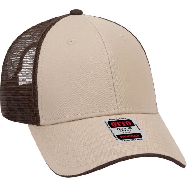 A beige low-profile trucker cap with a brown mesh back and a logo tag on the front.