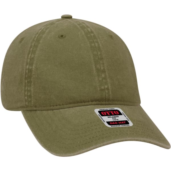 An olive green 6-panel low profile dad cap with a logo on the front and a curved brim.
