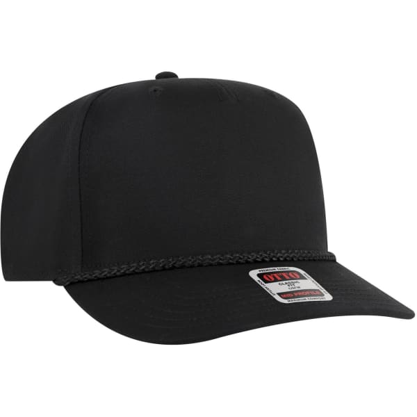 A black 5 panel mid profile baseball cap with a braided detail and a small logo on the front.