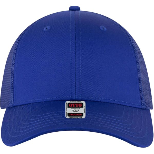 A blue 6-panel low profile trucker cap featuring a front panel and mesh back, with a logo on the front.