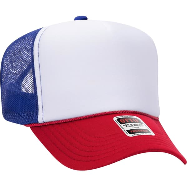 A red and blue 5 Panel High Crown Trucker Cap with a white front panel and mesh back, featuring a logo.