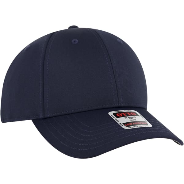 A navy blue low profile baseball cap with a six-panel design and a logo on the side.