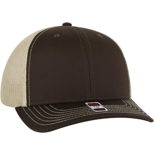 A brown and beige 6 panel mid profile trucker cap with a mesh back and a branded logo on the side.