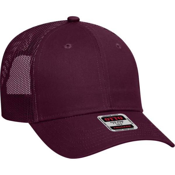 A maroon 6-panel low profile trucker cap with a mesh back and a logo on the front.