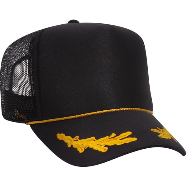 A black 5-panel high crown trucker cap with a yellow embroidered detail and a mesh back.