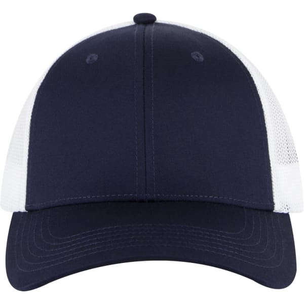 A navy blue 6 panel low profile trucker cap with a mesh back and a curved brim. Features a logo on the front.