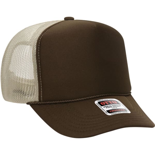 A brown high crown trucker cap with a tan mesh back and an attached logo.