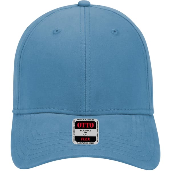 A blue 6-panel low profile baseball cap with a logo on the front and a flexible fit design.