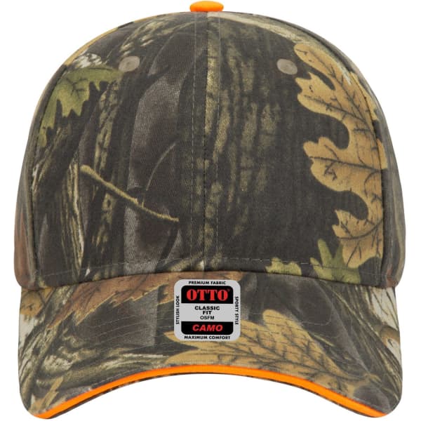 A camo-patterned, low profile six-panel baseball cap featuring shades of green, brown, and orange accents.