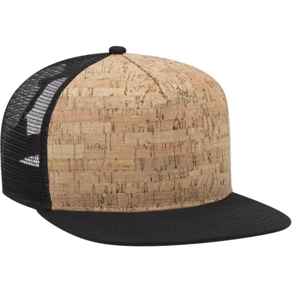 A five-panel pro style trucker cap featuring a cork front and black mesh sides. It has a logo on the front.