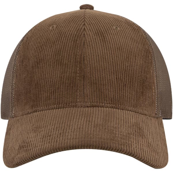 A brown 6 panel low profile trucker cap made of corduroy with a mesh back and a logo.