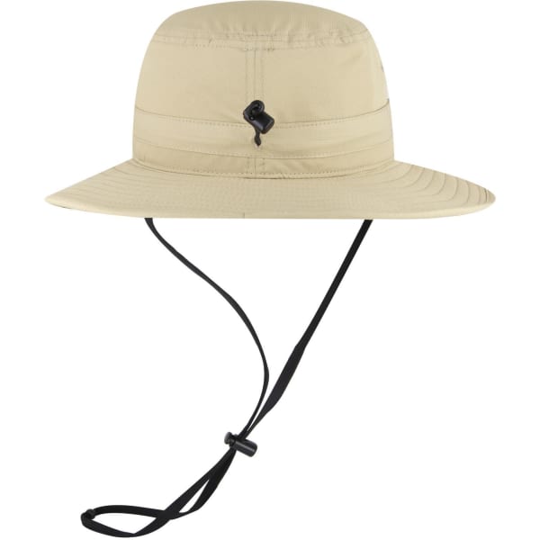 A beige polyester pongee boonie hat with a wide brim and adjustable chin strap, featuring a logo.