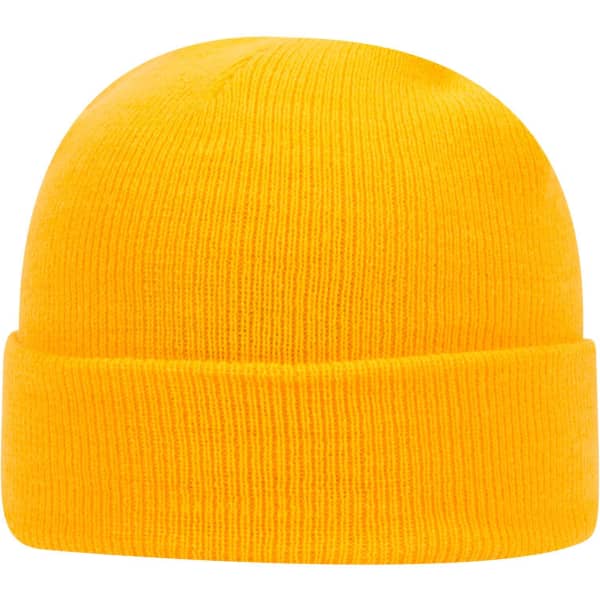 A yellow classic knit beanie with a cuffed design and a logo.