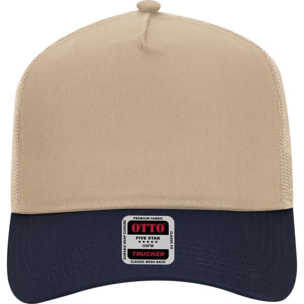 A 5 panel mid profile trucker cap in beige and navy with a logo on the front.