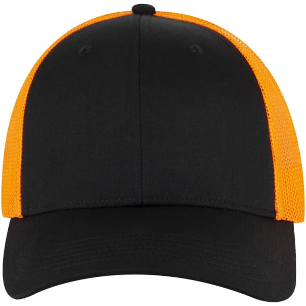 A black and orange low profile trucker cap with a mesh back and a curved brim, featuring a logo.