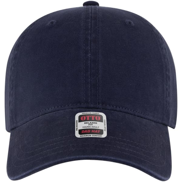 A navy blue 6-panel low profile dad cap with a logo tag on the front.
