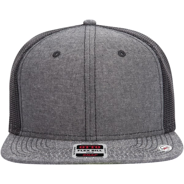 A grey 6 panel mid-profile trucker cap with mesh sides and a branded label on the front.