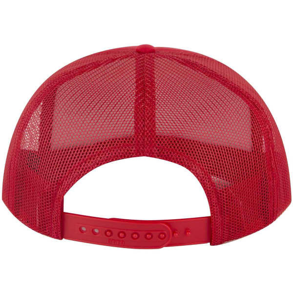 A red 5 panel high crown trucker cap with a mesh back and adjustable strap. Features a branding logo.