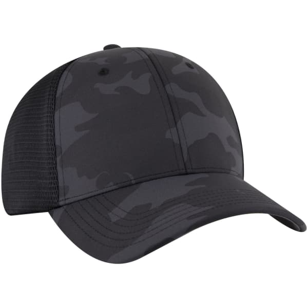 A black camo trucker cap featuring a low profile and six-panel design, with a mesh back and logo.