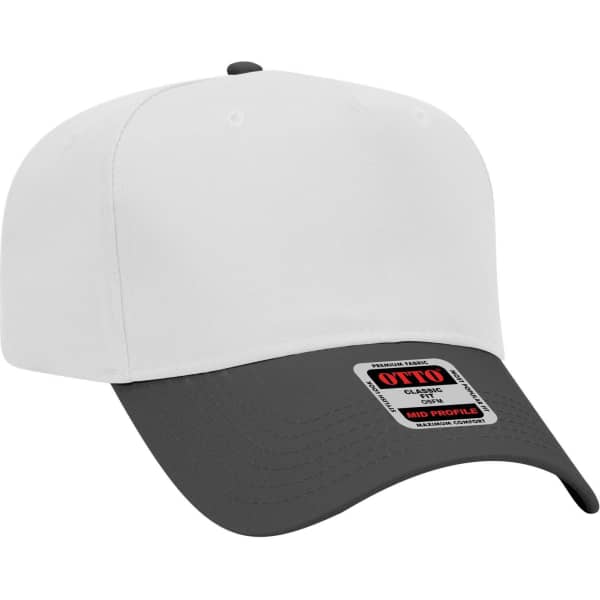 A grey and white 5 Panel Mid Crown Baseball Cap featuring a branding label on the side.