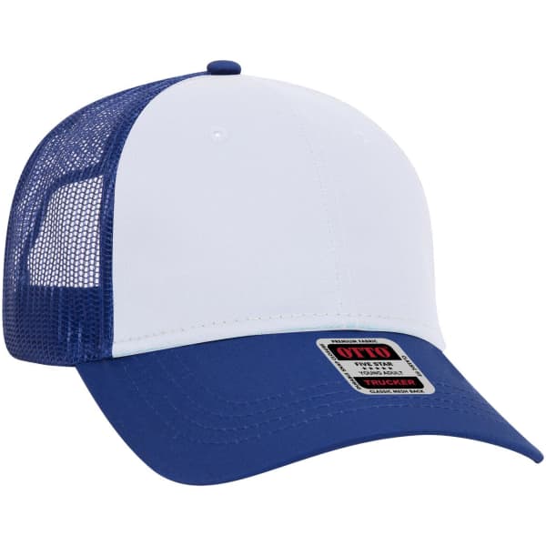 A 6 panel low profile trucker cap in white and blue, featuring a mesh back and a logo on the front.