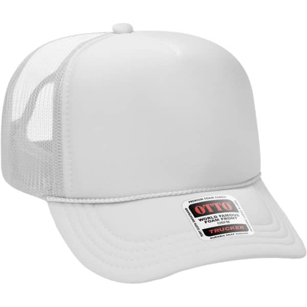 A white 5 panel high crown trucker cap with a mesh back and a logo on the front.