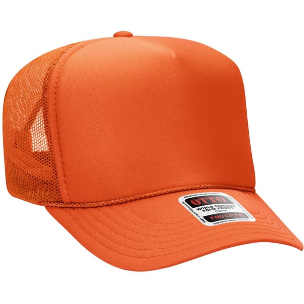 An orange 5-panel high crown trucker cap featuring a mesh back and a logo patch.