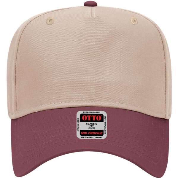 A beige and maroon 5 panel mid crown baseball cap featuring a logo on the front.
