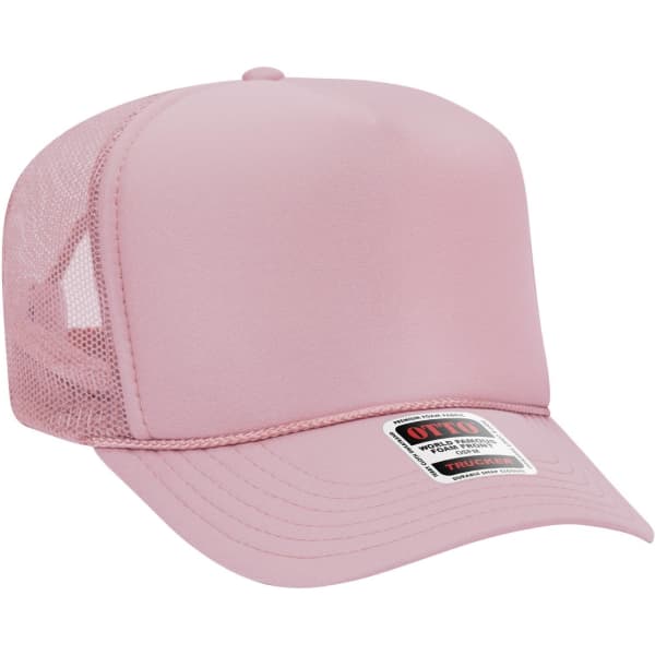 A pink 5 Panel High Crown Trucker Cap with a mesh back and a branded label.