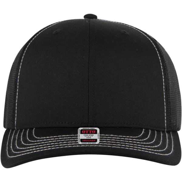 A black mid-profile trucker cap featuring a mesh back and contrasting stitching, with a logo on the front.