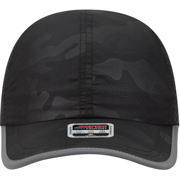 A black reflective six-panel running cap with a grey brim and a logo on the front.