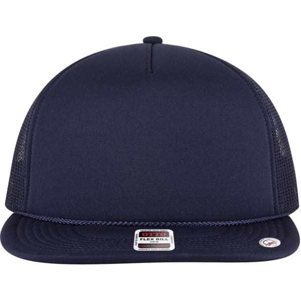 A navy 5 panel style trucker cap featuring a mesh back and a flat brim, with a logo on the front.