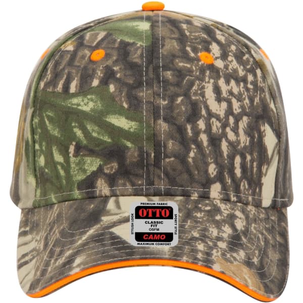 A camo-patterned baseball cap in greens and browns, featuring orange accents and a logo on the front.