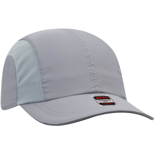 A reflective six-panel running cap in light grey with mesh side panels and a branding logo.
