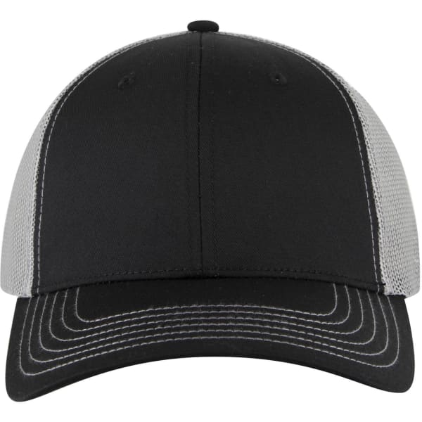 A low profile trucker cap featuring a black front and grey mesh back, with contrasting stitching and a logo.
