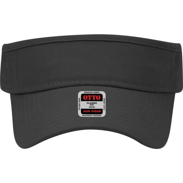 A black sun visor with a wide brim, featuring a logo on the front.