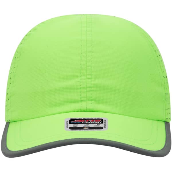 A reflective six-panel running cap in bright green with a grey brim and a logo on the front.