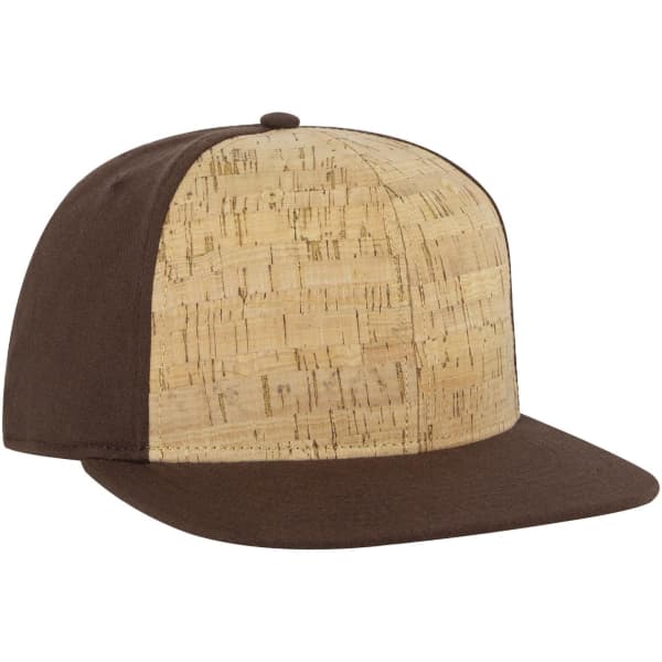 A brown snapback cap with a cork front panel and flat brim, featuring a logo.