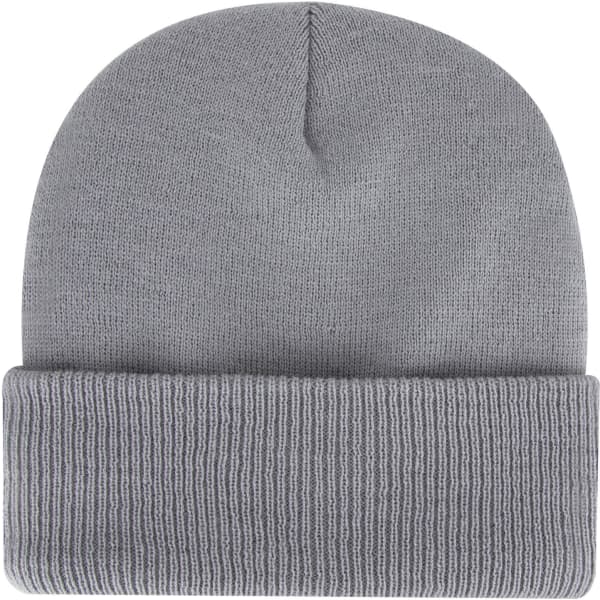 A classic grey knit beanie with a folded cuff and a smooth texture. Features a logo.