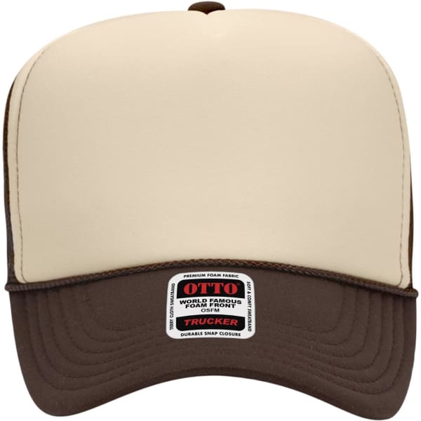 A high crown trucker cap in cream and brown with a logo on the front.
