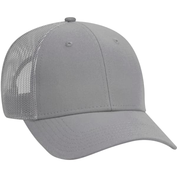 A grey 6 panel low profile trucker cap with a mesh back and a curved brim. Features a logo on the front.