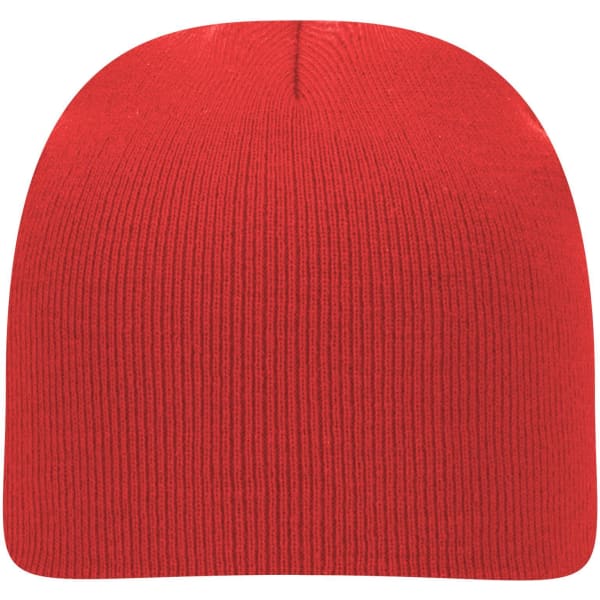 A red classic knit beanie with a fitted design and ribbed texture, featuring a branding logo.