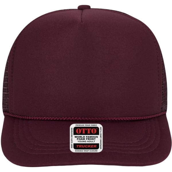 A maroon 5 panel high crown trucker cap with mesh sides and a label on the front.